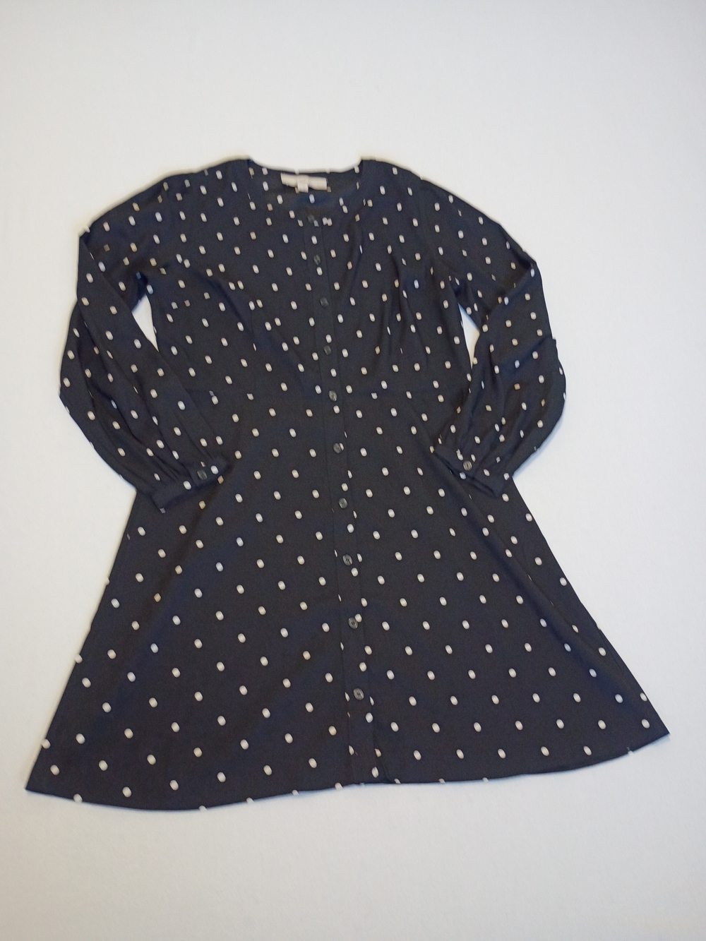 LOFT Black Cream Polka Dot Long Sleeve Button Front Shirt Dress Midi Office
